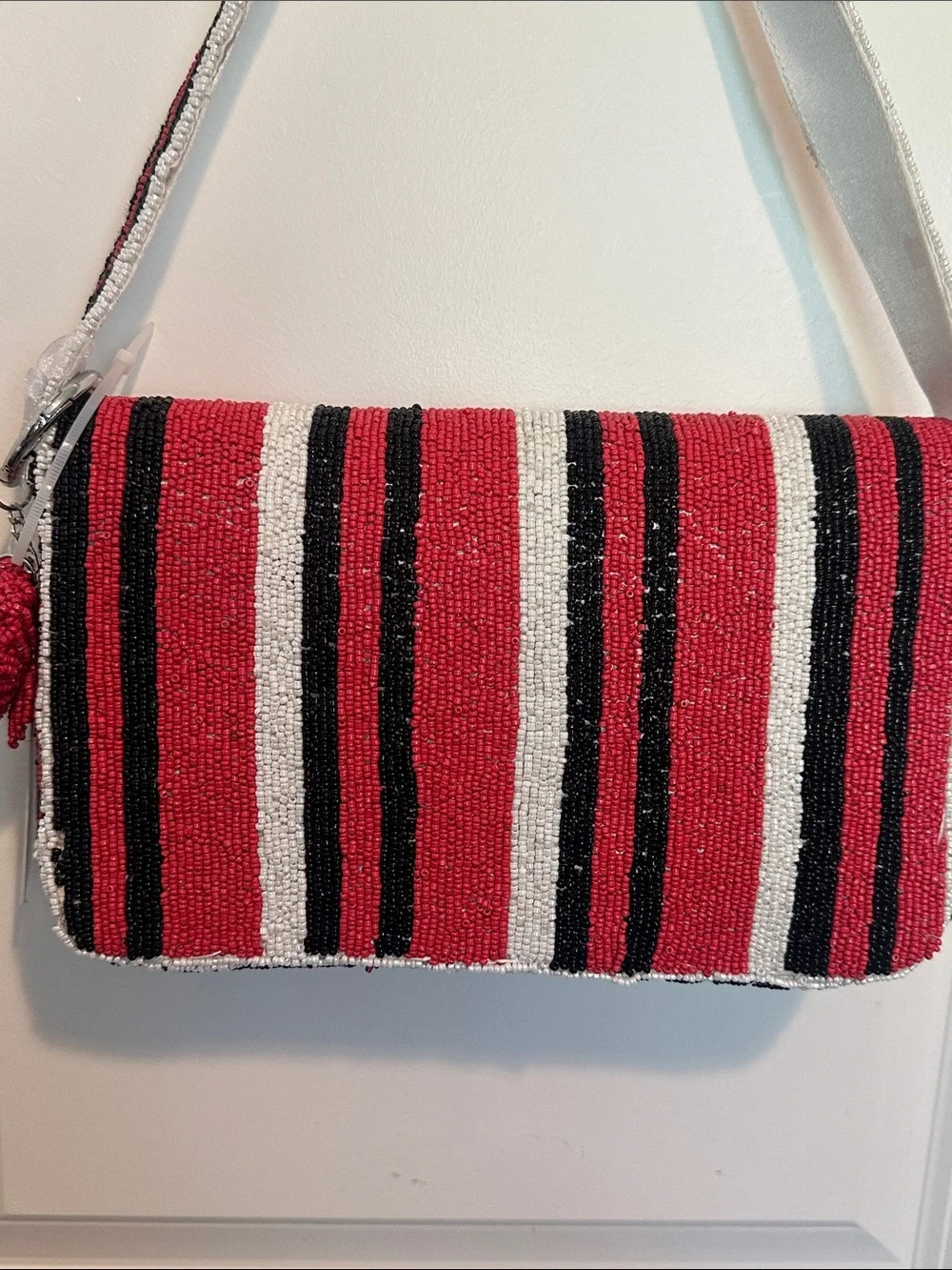 NWT Made In India Purse Red Black White Beaded Bag Buckeyes Bulldogs Falcons